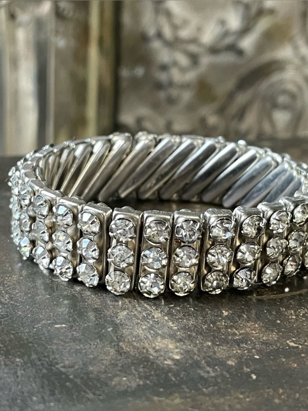 Vintage silver rhinestone stretch bracelet British Hong Kong S/M